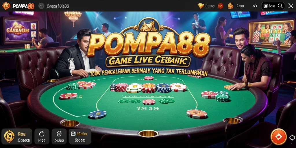 Screenshot utama POMPA88 dengan suasana permainan Live Casino yang mendebarkan.