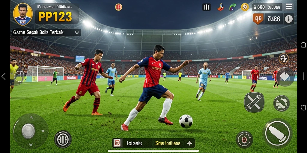 Tampilan gameplay PP123 yang mendebarkan saat pertandingan sepak bola berlangsung.