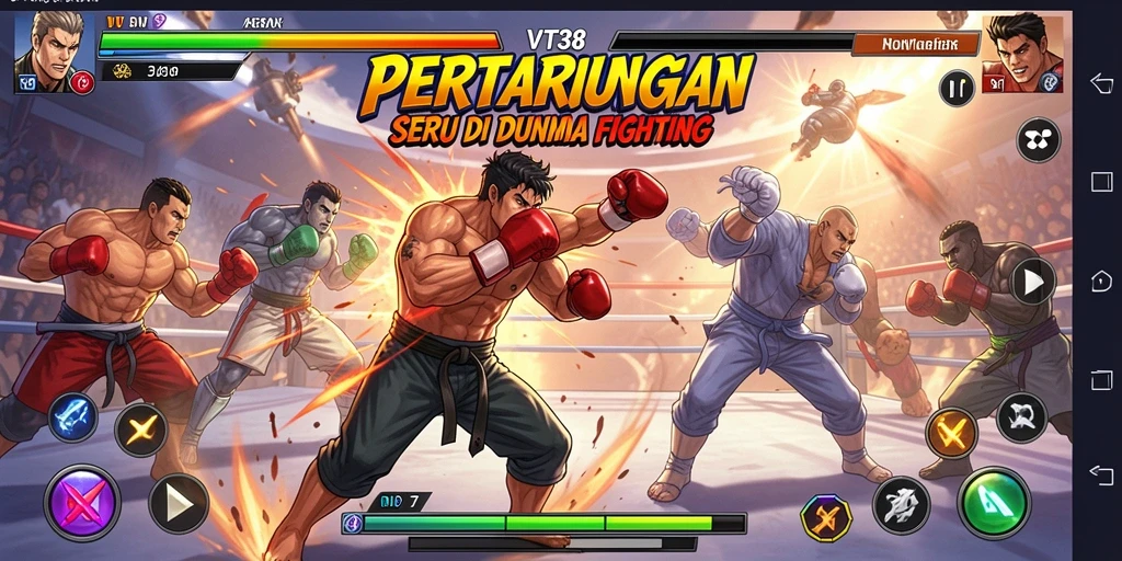 Screenshot gameplay VT38 menampilkan karakter bertarung dengan efek hebat.